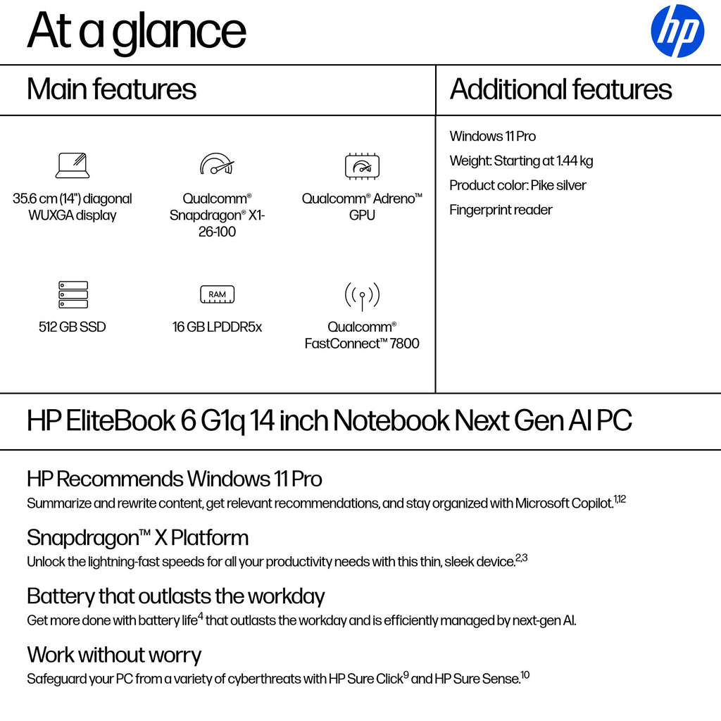 HP EliteBook 6 G1q Next Gen AI PC Copilot+ PC Snapdragon X1-26-100 Laptop 35.6 cm (14") WUXGA 16 GB LPDDR5x-SDRAM 512 GB