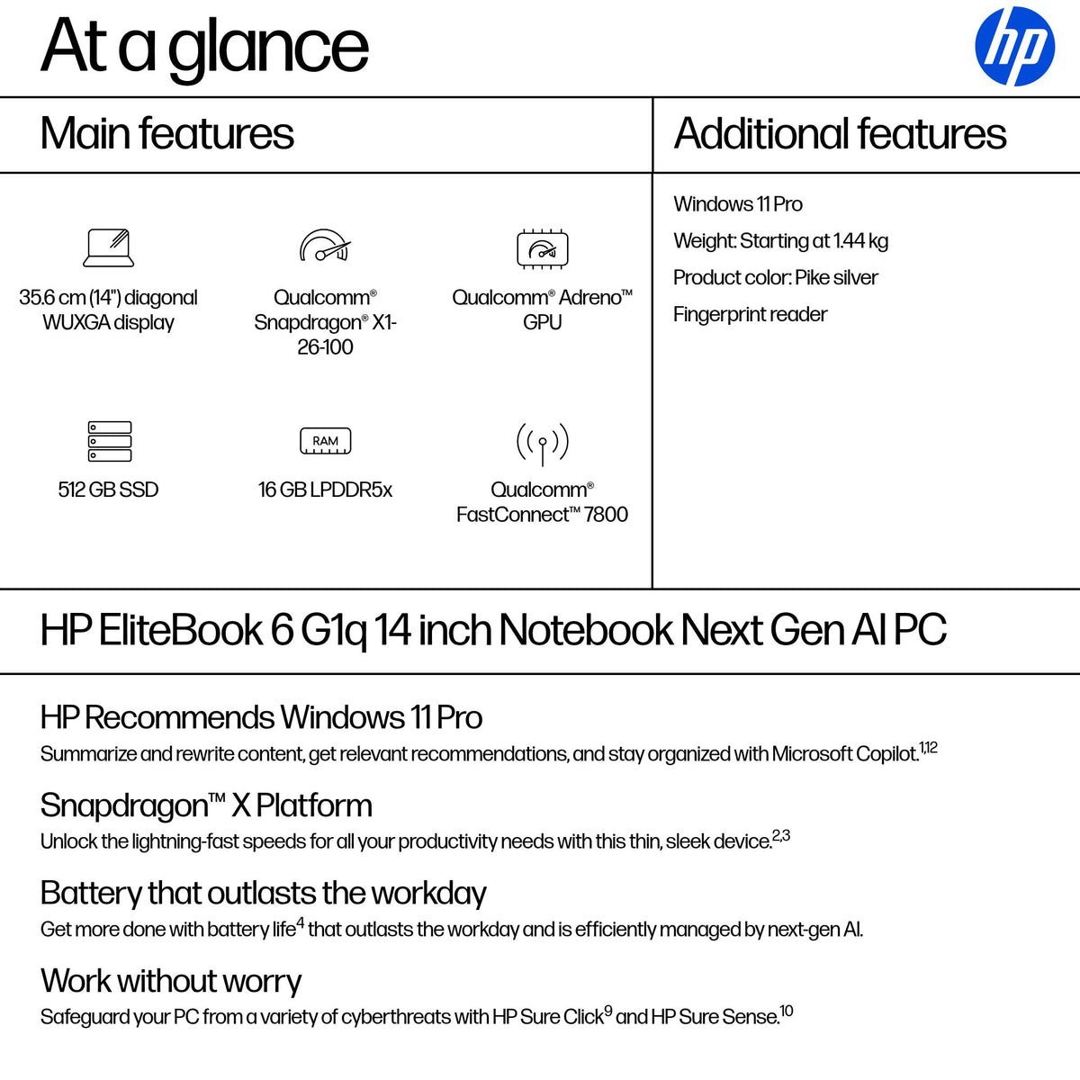 HP EliteBook 6 G1q Next Gen AI PC Copilot+ PC Snapdragon X1-26-100 Laptop 35.6 cm (14") WUXGA 16 GB LPDDR5x-SDRAM 512 GB
