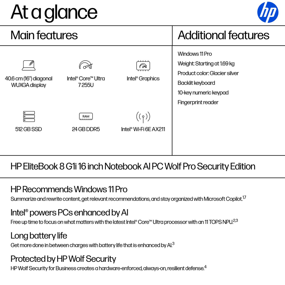 HP EliteBook 8 G1i AI PC Wolf Pro Security Edition Intel Core Ultra 7 255U Laptop 40.6 cm (16") WUXGA 24 GB DDR5-SDRAM 5